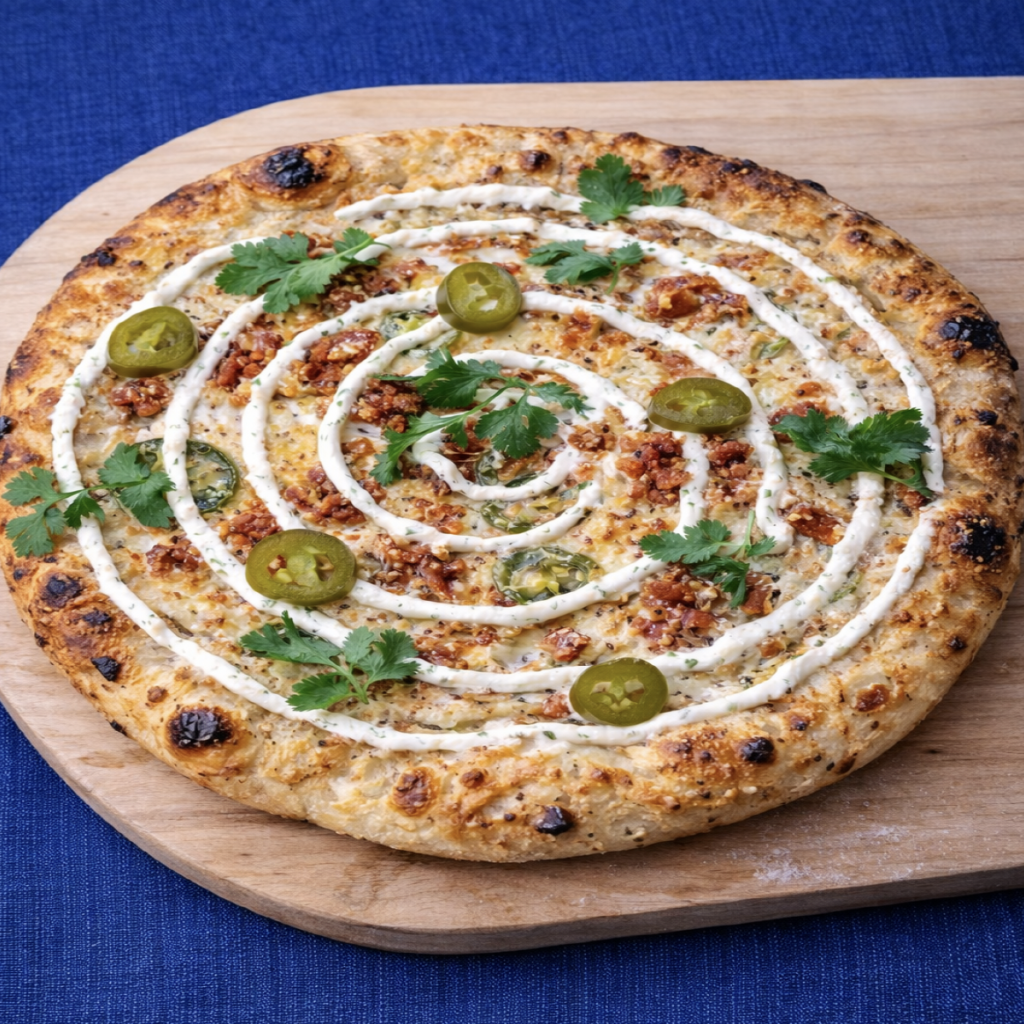 Professional plated spiced chicken naan pizza with white cream sauce spirals, fresh cilantro, and sliced jalapeños—ideal for wholesale food service and commercial dining.