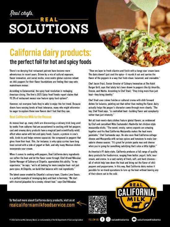 California dairy products cooling spicy foods in restaurant dishes, featuring sour cream and cheese applications for foodservice.
