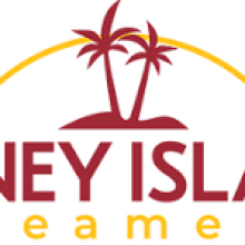 Logo for Coney Island Creamery featuring two stylized palm trees on a small mound, with a yellow arc overhead and the words "Coney Island creamery" in bold red and yellow text below.