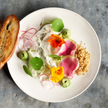 A white plate with toasted bread, herbed cheese spread, sliced radishes, green dollops, edible flowers, leafy greens, and a small pile of crumbled nuts on a gray surface.