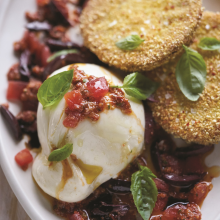 A plate featuring fried green tomato slices, a ball of burrata cheese topped with tomato relish, garnished with fresh basil leaves, all served on a white oval dish.
