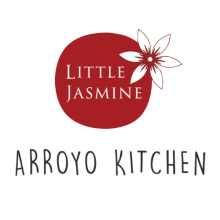 Logo with a red circular shape and a white outlined flower. Text inside the shape reads “Little Jasmine,” and below it, in black letters, is “Arroyo Kitchen.” The background is white.