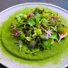 A gourmet dish featuring assorted fresh greens, edible flowers, and vegetables, all artfully arranged on a round plate dusted with vibrant green powder, likely herb or matcha, creating a visually striking presentation.