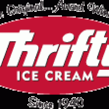 Logo for Thrifty Ice Cream featuring the brand name in bold white and red letters inside a red oval, with the phrases "The Original... Award Winning" above and "Since 1940" below.