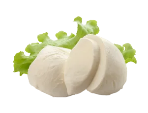Fresh mozzarella cheese balls with green leafy garnish, ideal for foodservice and wholesale food distribution suppliers.
