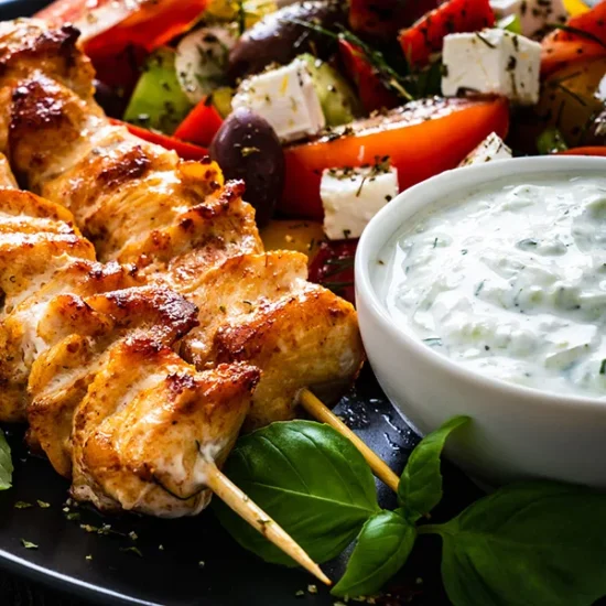 Golden-brown grilled chicken skewers served with fresh feta cheese, olives, and roasted peppers on a professional platter with tzatziki sauce.