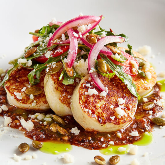 Three seared round cheese medallions topped with arugula, pickled red onions, pepitas, and crumbled cheese, served on a red sauce with green oil drizzles on a white plate.