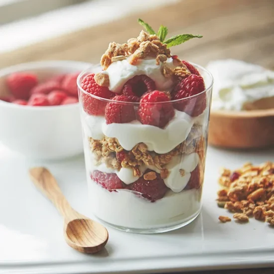 Professional layered yogurt parfait featuring creamy yogurt, crispy granola, and fresh raspberries in a clear glass, ideal for foodservice and wholesale applications.