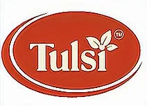 Tulsi brand logo featuring white text and leaf icon on red oval background.